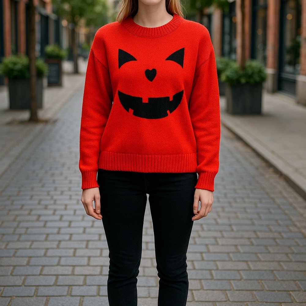 Vibrant Orange Pumpkin Face Sweater - NWOT - size small